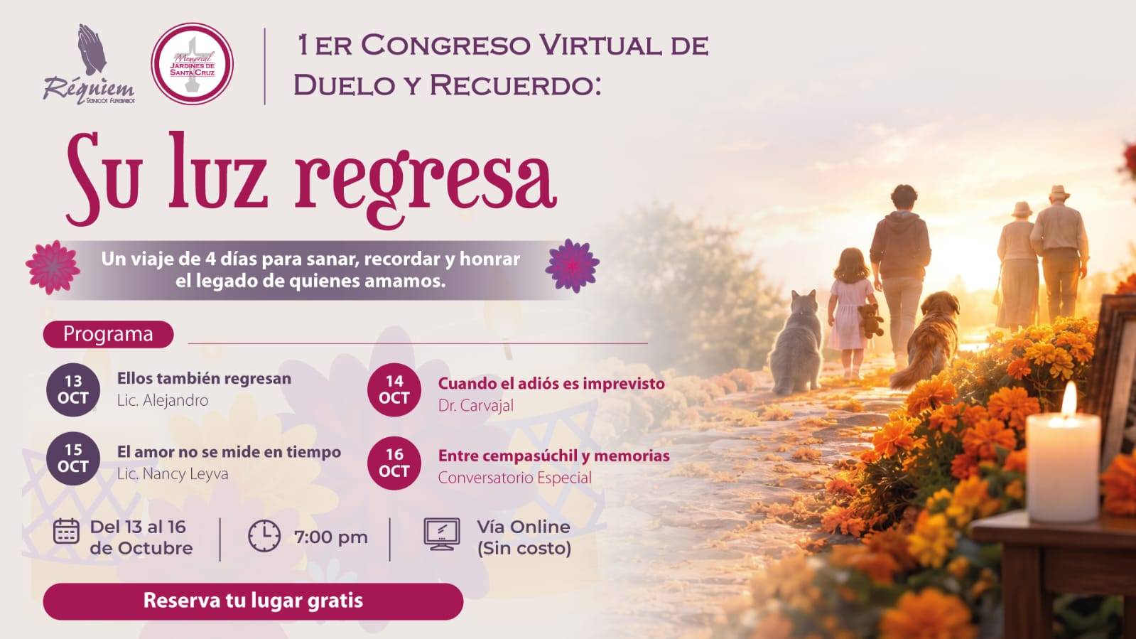 Cartel del 1er Congreso Virtual de Duelo y Recuerdo Su Luz Regresa: una familia con una niña, un perro y un gato camina al atardecer por un sendero de flores de cempasúchil junto a una veladora encendida.